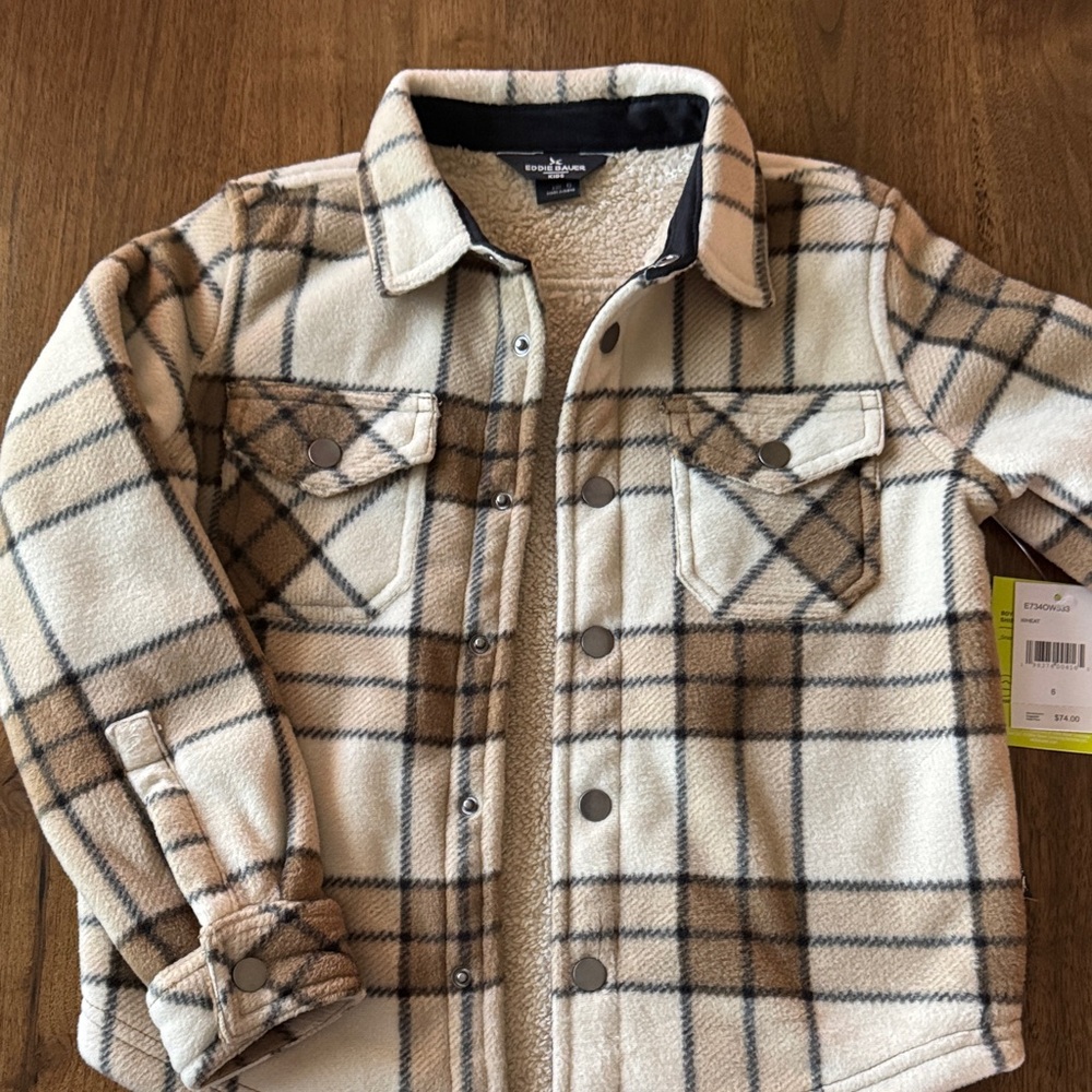 Eddie Bauer Cream, Brown & Black Plaid Sherpa-Lined Jacket